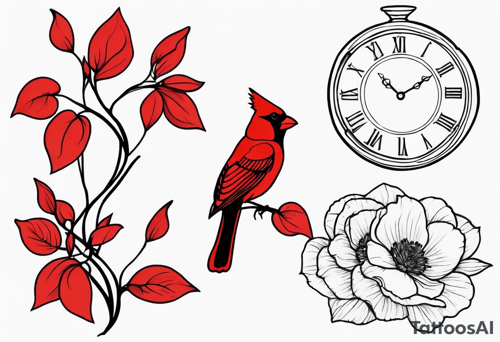 Trees, flowers, clock, red cardinal, representing growth from grief tattoo idea