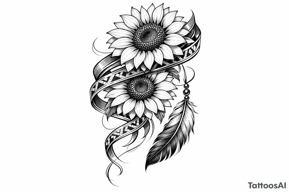 2 cascading sunflowers wrapped in Native American ribbon with a feather tattoo idea