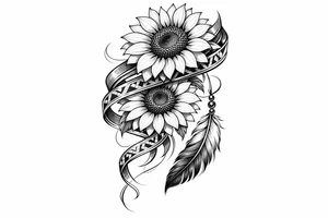 2 cascading sunflowers wrapped in Native American ribbon with a feather tattoo idea