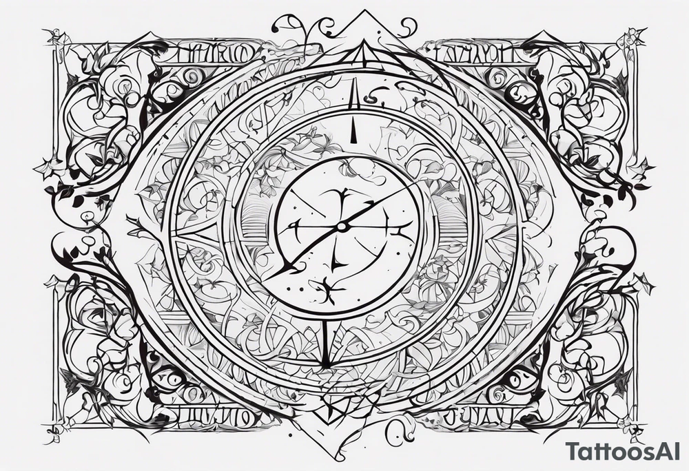Generate a vertical fine-line composition. The content of the tattoo will have to be with the first names of my children Yanis born on July 2, 2009 and Jaïden born on February 10, 2016. In this composition I'll need some fantasy with my sign Sagittarius. It has to be spiritual, intellectual and fantastic. tattoo idea