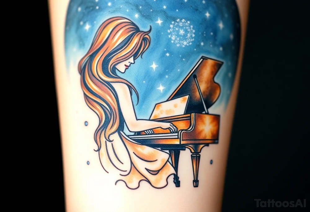 Woman with wavy brown hair playing a grand piano under the stars swirl tattoo idea