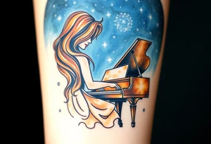 Woman with wavy brown hair playing a grand piano under the stars swirl tattoo idea