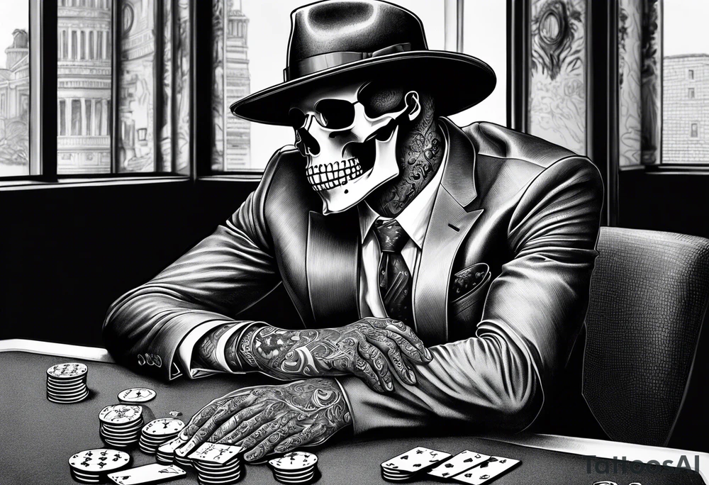skeleton in suit, with hat, sitting at the table, holding poker tokens tattoo idea