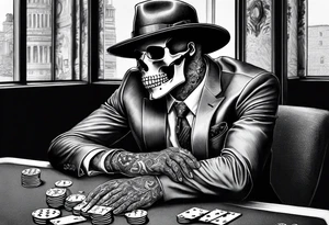 skeleton in suit, with hat, sitting at the table, holding poker tokens tattoo idea
