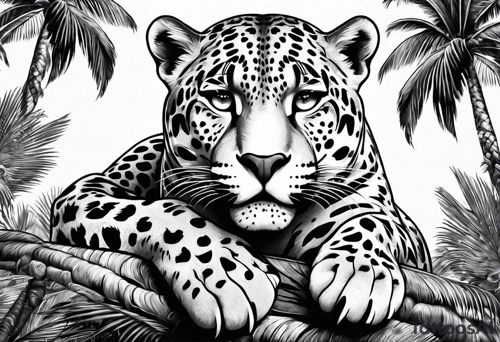 jaguar laying on palm tree tattoo idea