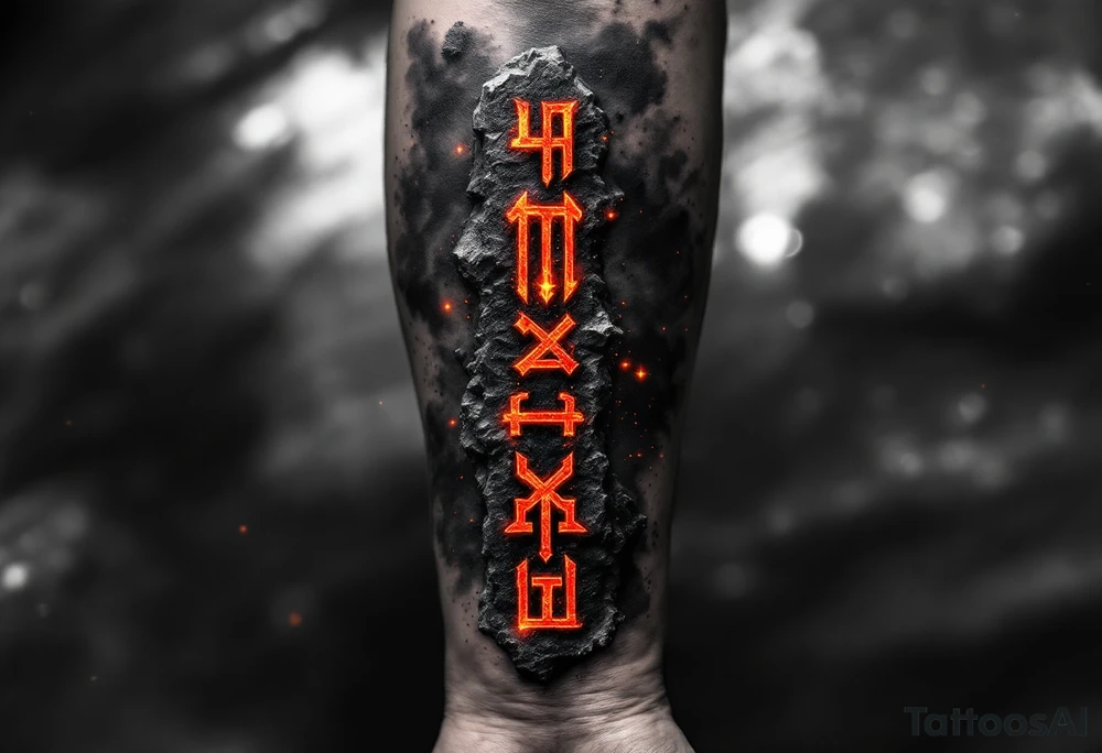 A forearm tattoo featuring a vertical line of deep crimson Slavic runes, each carved with rough stone-like texture and glowing faintly, set against a black and smoky-gray background with subtle ash particles floating around. tattoo idea