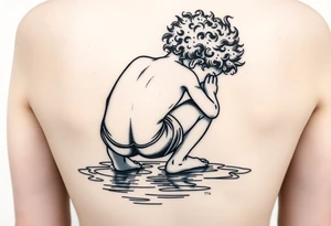 back view of curly headed son squatted down putting his fingers in the water/pond tattoo idea