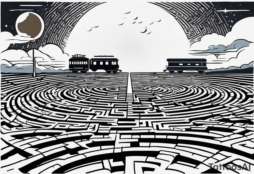Maze with a train track in the middle. Sky cracking with moon of time tattoo idea