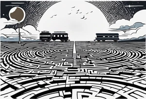 Maze with a train track in the middle. Sky cracking with moon of time tattoo idea