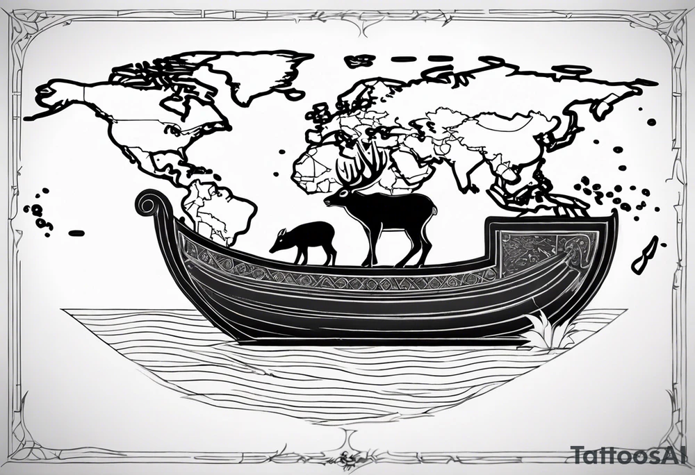 A badger and reindeer on an ark outlined by the map of Mallorca tattoo idea