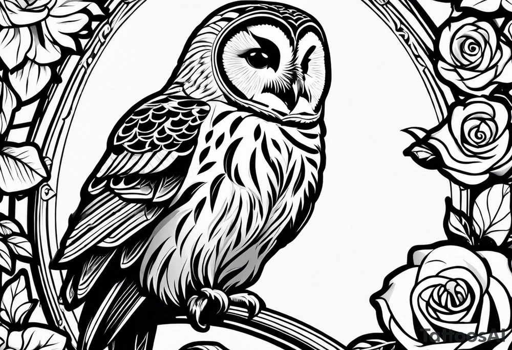 Barred owl with a single rose tattoo idea