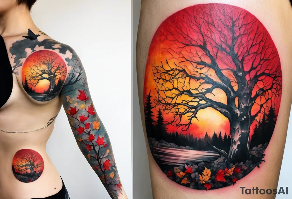 trash polka style. Arm tattoo. chest tattoo. Long tattoo. large tattoo. Full sleeve. Shoulder. A single large maple tree with red autumn leaves that branches upwards from wrist to shoulder. White-throated dipper bird on the trees branches. Calluna flowers at the base of the trees stem. Tree stem has dark colors. Red/yellow sunset behind the trees stem. Leaves falling. tattoo idea