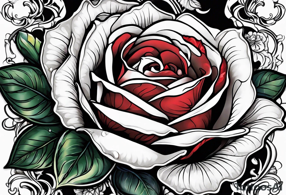 Red rose with a pearl necklace tattoo idea