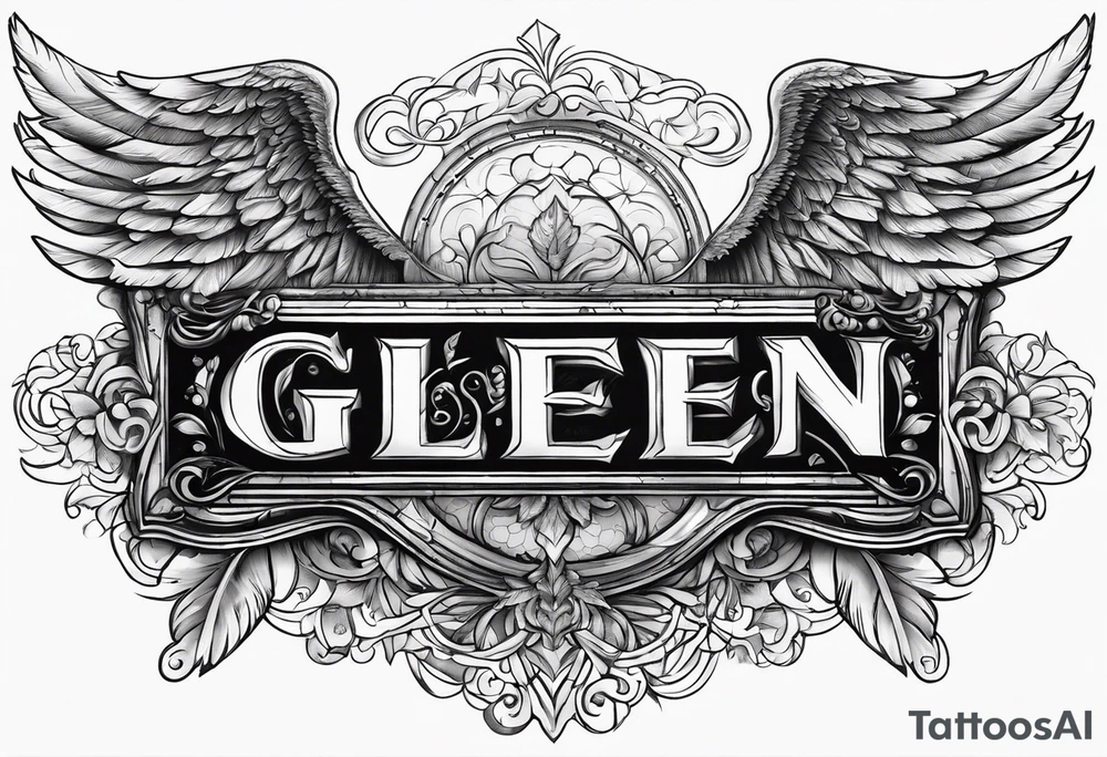 The word Glenn on a banner with angel Wings tattoo idea