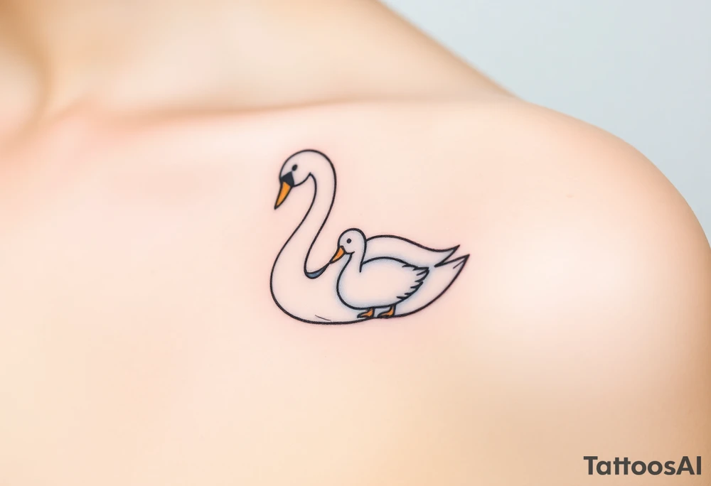 A swan with her baby duck in soft white and light blue hues, symbolizing purity and warmth tattoo idea