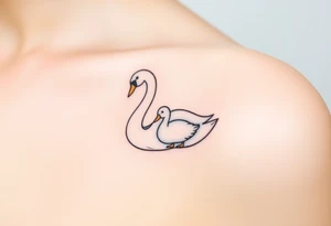 A swan with her baby duck in soft white and light blue hues, symbolizing purity and warmth tattoo idea