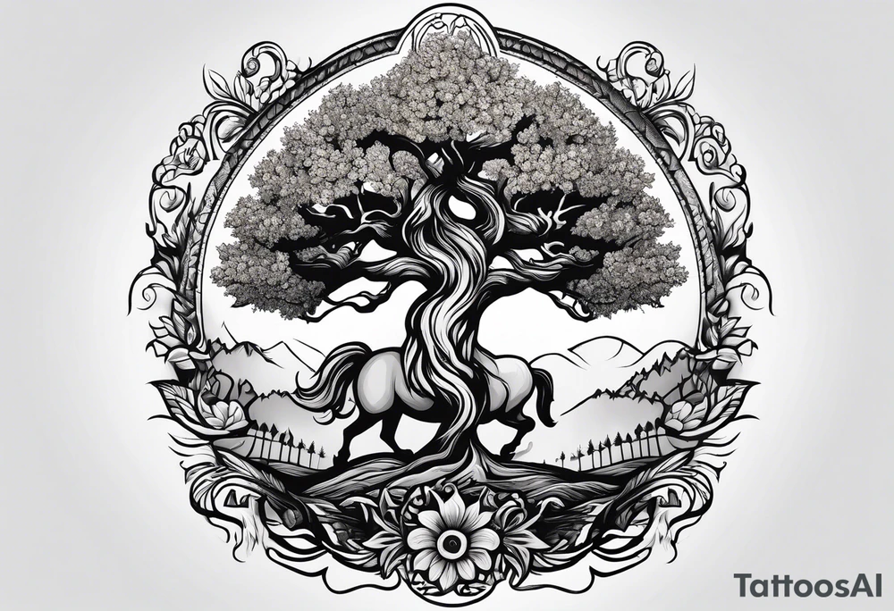 Yggdrasil tree, horse, sunflower tattoo idea