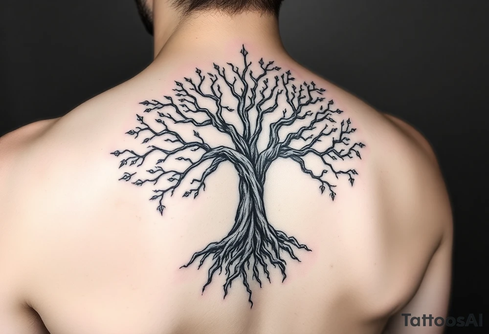 mystical tree of life with cosmic roots and celestial branches tattoo idea