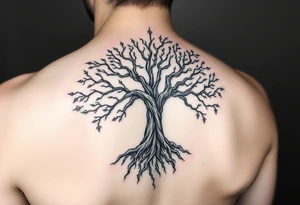 mystical tree of life with cosmic roots and celestial branches tattoo idea