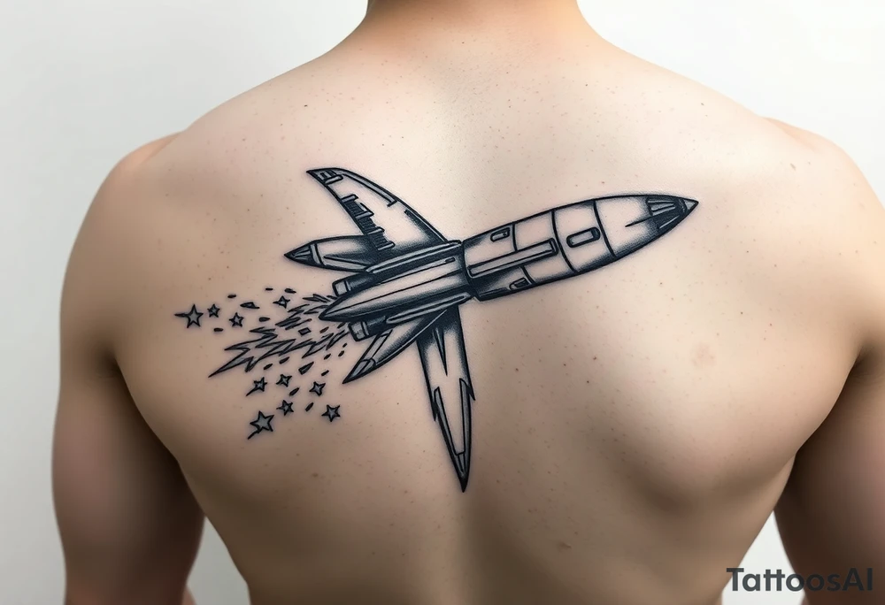 Rocket ship with sparks coming out of the back tattoo idea