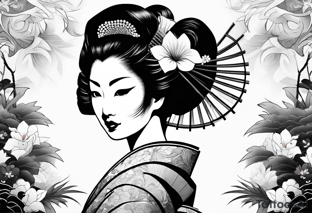 Geisha with a japanese mask and a fan with shadows and white tattoo idea