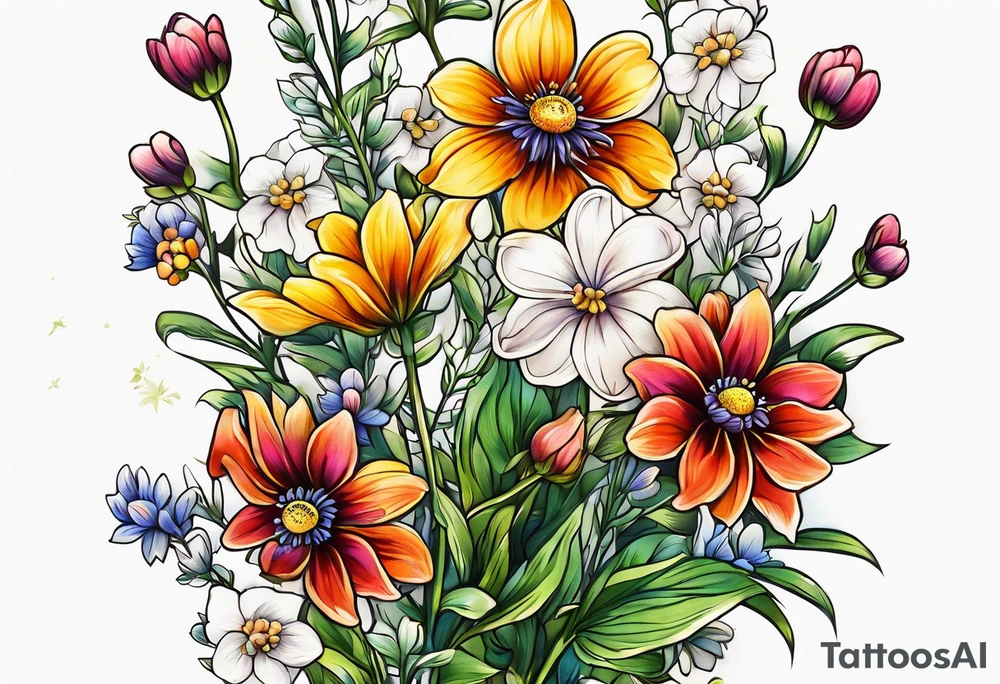 small long stem wildflower bouquet across fott tattoo idea