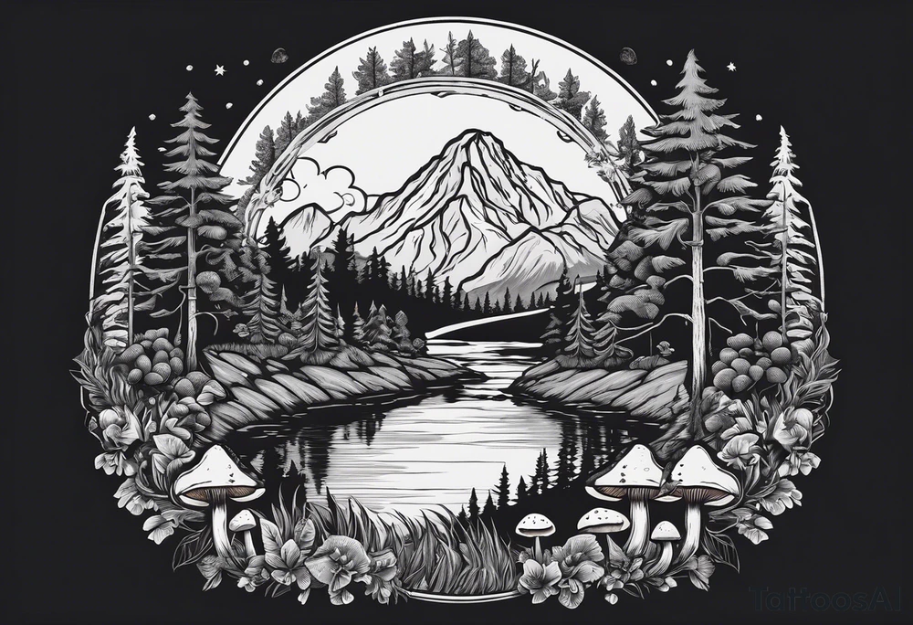 Whole picture encircled fully

Straight long blonde hair hippie girl in distance holding mushrooms in hand facing away toward mountains and creek surrounded by mushrooms long sleeve shirt and hiking pants; whole rendering within a full circle, no cut off circle tattoo idea
