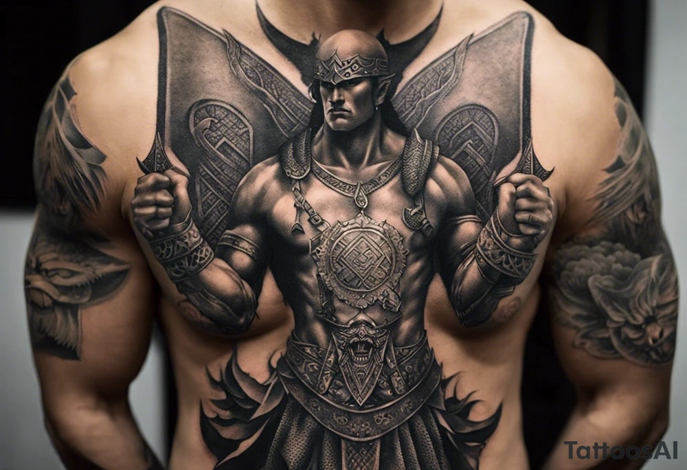 Central Figure: The Warrior: The focal point of the tattoo is a strong and determined male warrior, representing you or a figure you admire. He can be depicted in dynamic motion, wielding a weapon like a sword or a spear, ready to confront the demons.

Demons: Surrounding the warrior are menacing and grotesque demons, each with unique features and expressions. These demons can represent the challenges, struggles, or inner demons that you face in life. They might be depicted in various forms, such as monstrous creatures or shadowy figures, symbolizing different aspects of adversity.

Battle Scene: The tattoo can depict a chaotic battle scene, with the warrior engaged in combat against the demons. Dynamic poses and intense facial expressions can convey the intensity of the struggle. tattoo idea