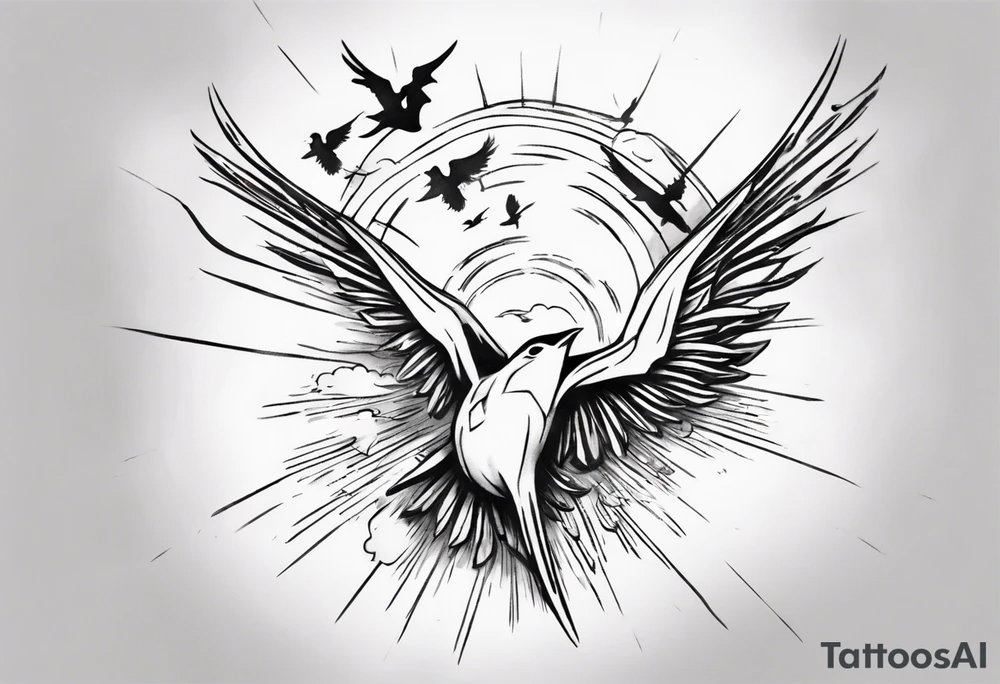 a shoulder tattoo with rays of light, clouds and birds flying free tattoo idea