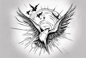 a shoulder tattoo with rays of light, clouds and birds flying free tattoo idea
