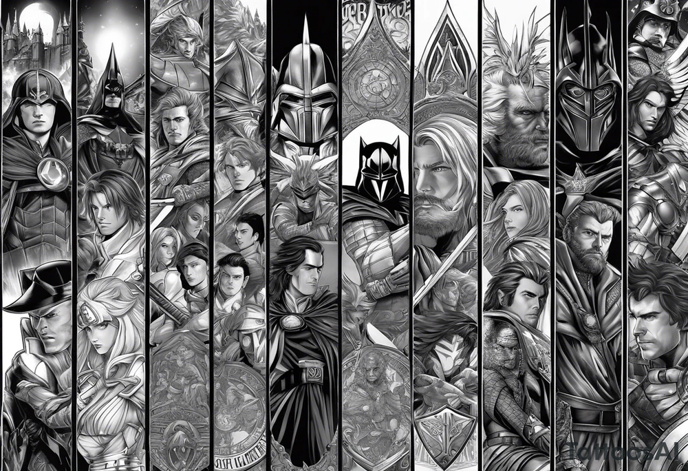 Full arm sleeve tattoo extending from shoulder to wrist featuring the battle of Helms Deep with character such as Anakin Skywalker, Obi Wan Kenobi, Darth Vader, Superman, Batman, Green Lantern, Dark Magician and Blue-Eyes White Dragon from Yu-Gi-Oh!, and Captain America added in tattoo idea
