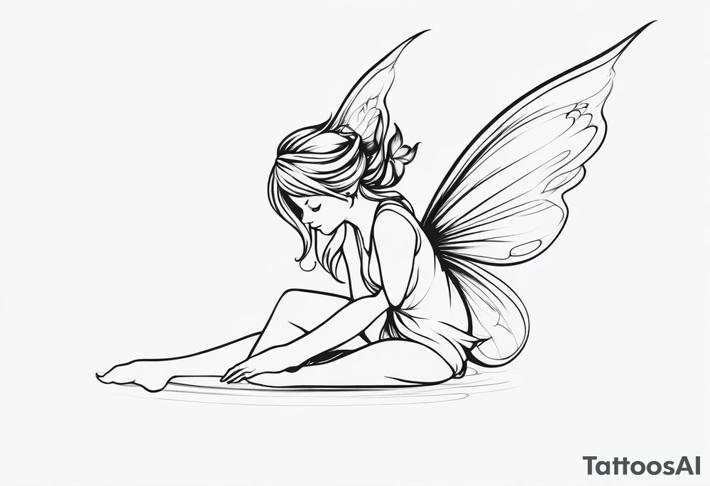 Minimalistic, monochromatic fairy with a tail flying to the left in a fetal position, leaning and looking in the same direction, with visible hands, embodying the 'Fairy Tail' logo aesthetic. tattoo idea