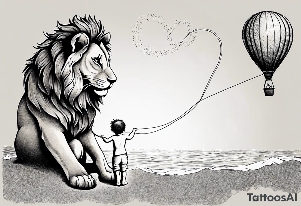 tatoo in sketch style only.
A little lion boy is holding a string to the hearth shaped small party baloon.
lion boy should be drawed from behind and has one hand reaching up in 45 degree angle and holding the baloon string
On the string is a wave which look like a hearbeat pulse.
draw it without any scenery, without any background. Just a boy 
Add heartbeat pulse on the string tattoo idea