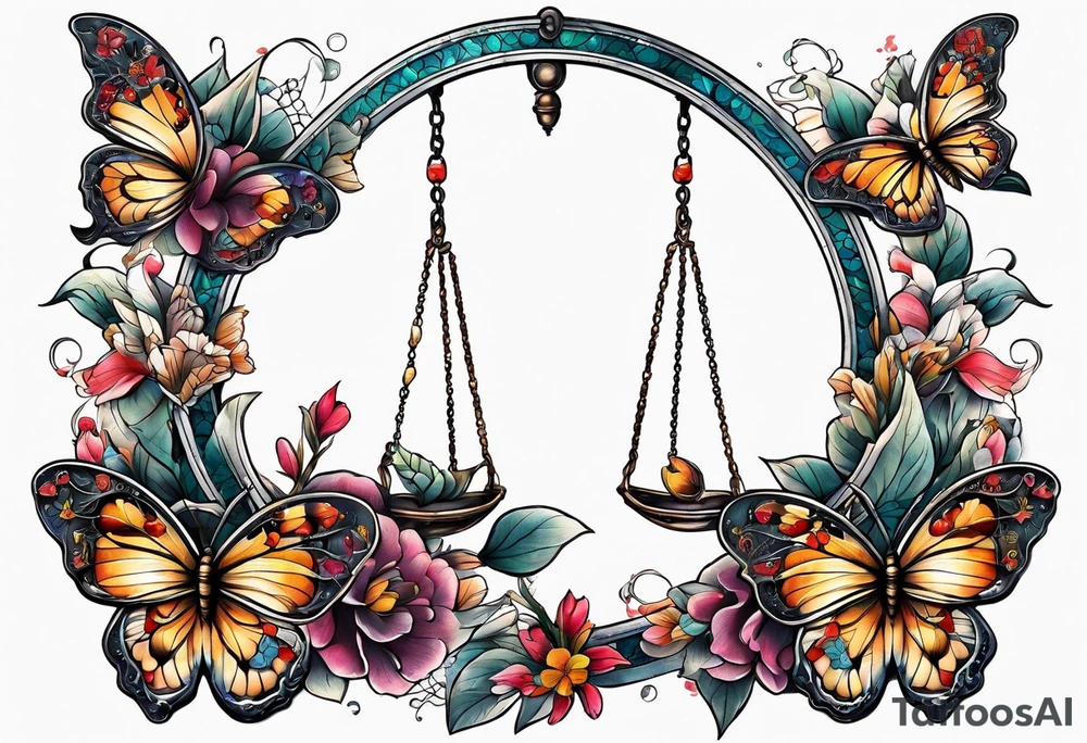 Half moon decorated with butterflies libra scales hanging from the bottom tattoo idea