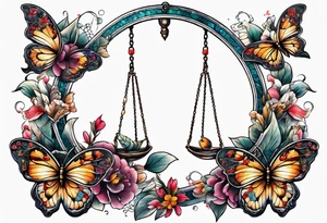 Half moon decorated with butterflies libra scales hanging from the bottom tattoo idea