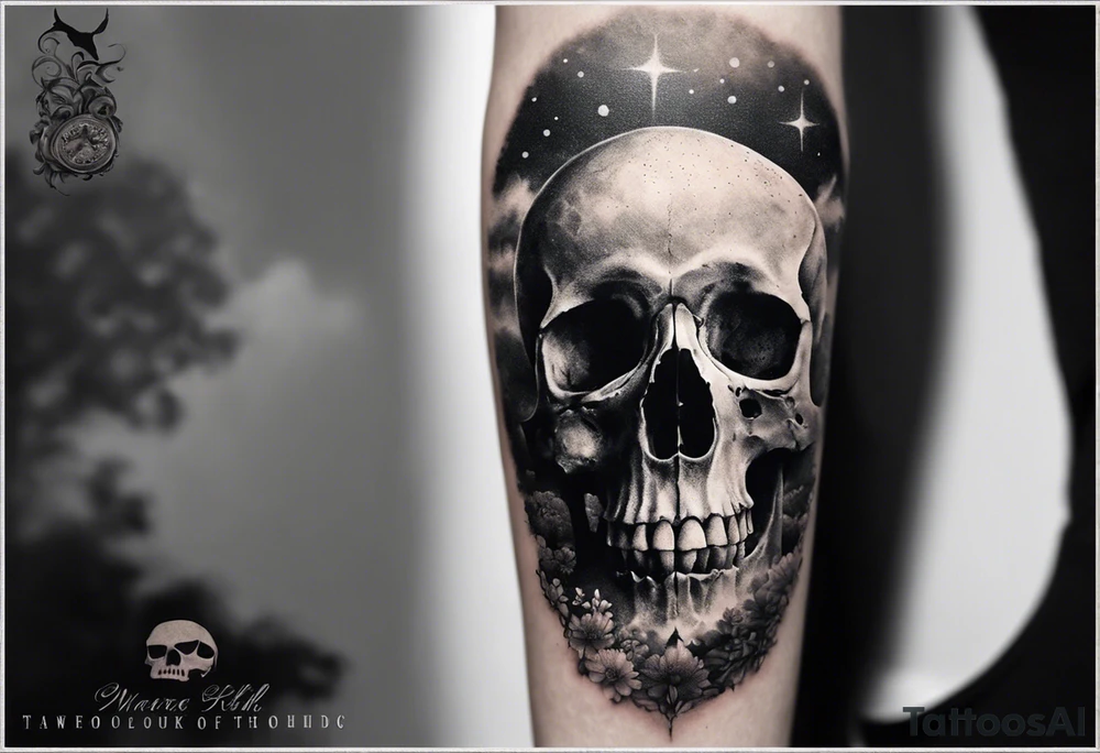 I wanted to keep the image simple, without too many ornate backgrounds. The focus was on the roughness of the hand-drawn, imperfect, disharmonious look. The photo was in black and white, with just a skull looking up at the sky. In the hazy fog, the skeleton is trying to give off a feeling of trypophobia tattoo idea