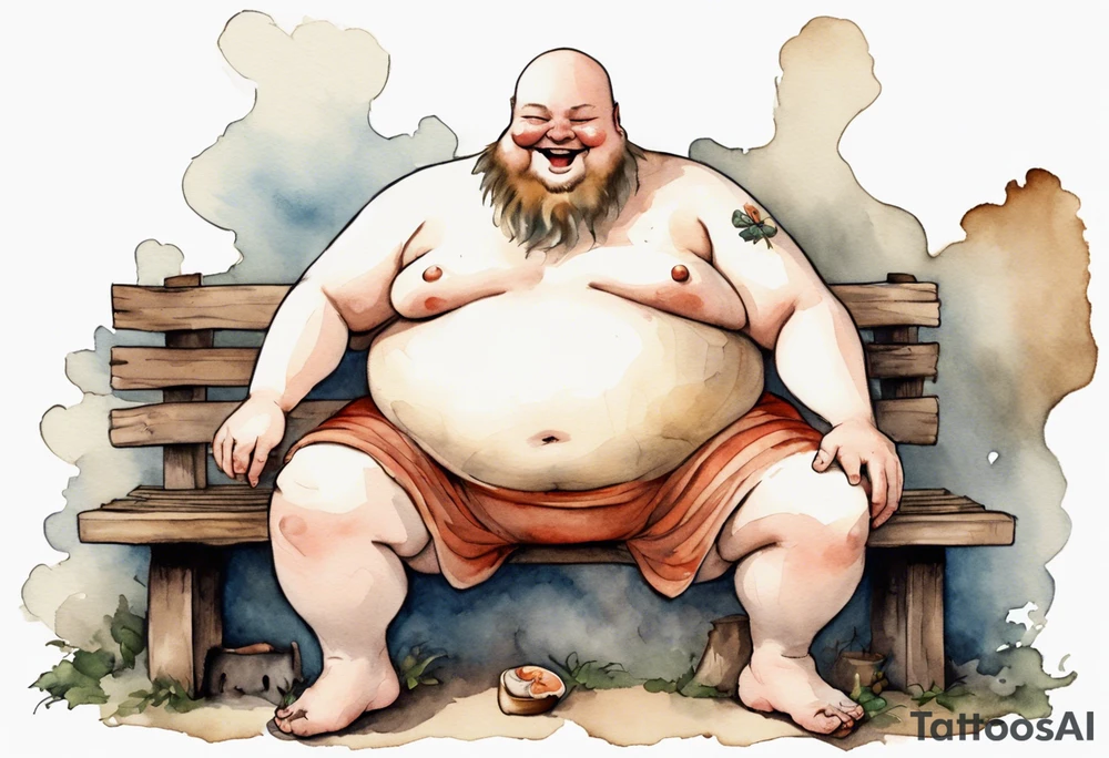 fat man with a mushroom for a head wearing a medieval tunic sitting on a bench by a fireplace drinking from a wood cup, laughing tattoo idea