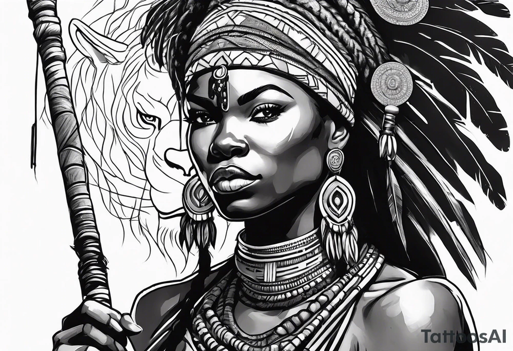 African woman warrior holding spear with deadlocks and earrings. Tribe marks on her face and tree Branch brids and lion in the background tattoo idea