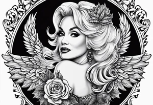 An angelic tattoo featuring Dolly Parton, an acorn, wings tattoo idea