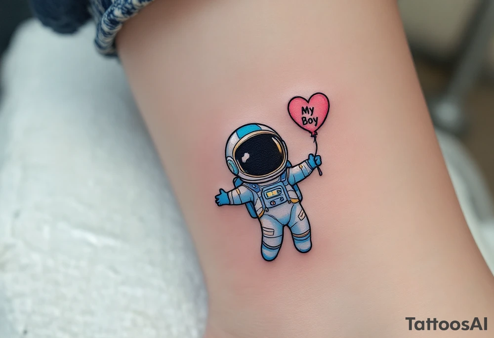 A cheeky little astronaut in a blue and silver suit, floating with a balloon shaped like a heart labeled “My Boy.” tattoo idea
