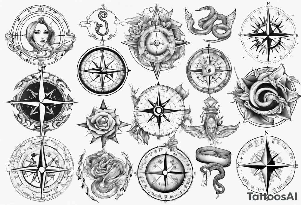 Compass tatoo with sun, Gemini , angels and snake tattoo idea