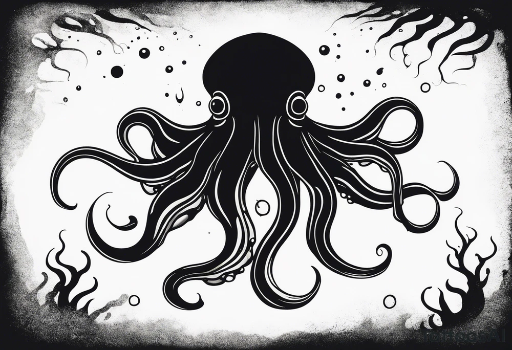 A visual representation of the horror squid concept, showing the squid becoming invisible in ink, its body turning black to blend in with its deep sea environment. The overall environment is dark, creating an eerie underwater atmosphere. tattoo idea