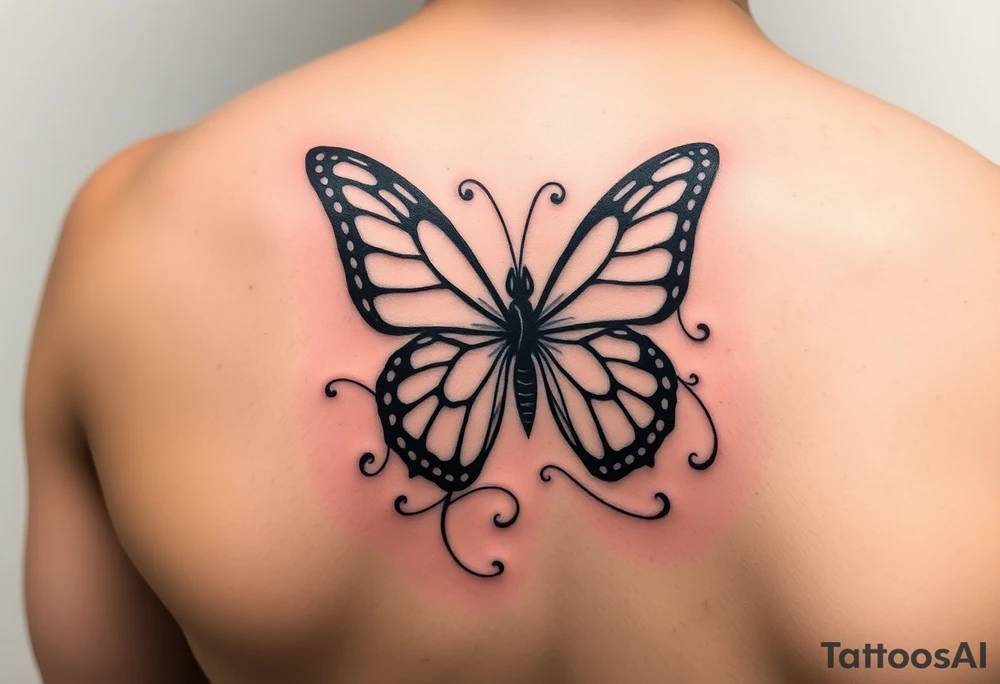 Half butterfly behind ear with swirls tattoo idea