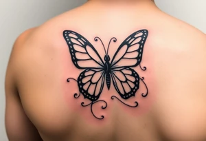 Half butterfly behind ear with swirls tattoo idea
