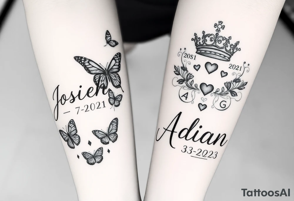 Feminine womens tatto that starts as sleeve and goes down to ankle and in tattoo the names JOSIAH in cursive written with the date 7-2021 in roman numerals AND NEXT TO NAME A PRINCE CROWN and butterfly's and the cancer zodiac number in between with the capricorn sing in between and hearts and the next part lower part of tatto the name ADIAN WITH THE DATE 3-2023 IN ROMEN NUMERALS WITH A SMALLER PRINCE CROWN THEN THE JOSIAHS CROWN AND THEN LITTLE BUTTERFLYS WITH THE PACIES ZODIAC SING IN AND THE CAPRICORN ZODIAC SIGN BOTH SMALL AND IN BETWEEN THE BUTYERFLYS AND HEARTS MAKE IT MIX TOGTHER DO THE SAME WITH THE CANCER AND CPROCORN SIGN ABOVE tattoo idea