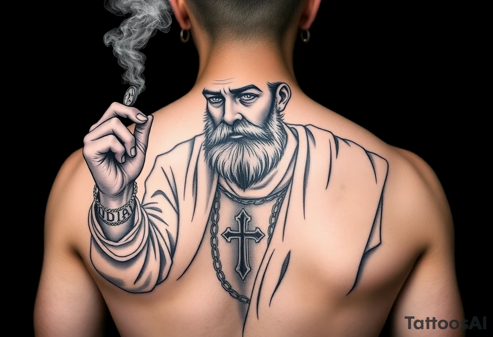 Saint Judas Mexican with his coin in hand and fingers in the air with smoke in the back ground… tattoo idea