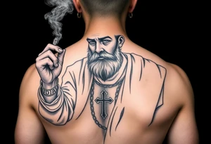 Saint Judas Mexican with his coin in hand and fingers in the air with smoke in the back ground… tattoo idea