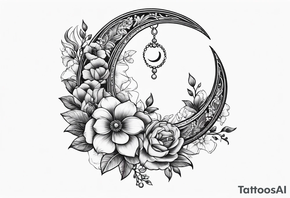 Crescent moon with flowers and beading tattoo idea