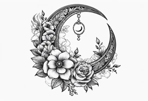 Crescent moon with flowers and beading tattoo idea