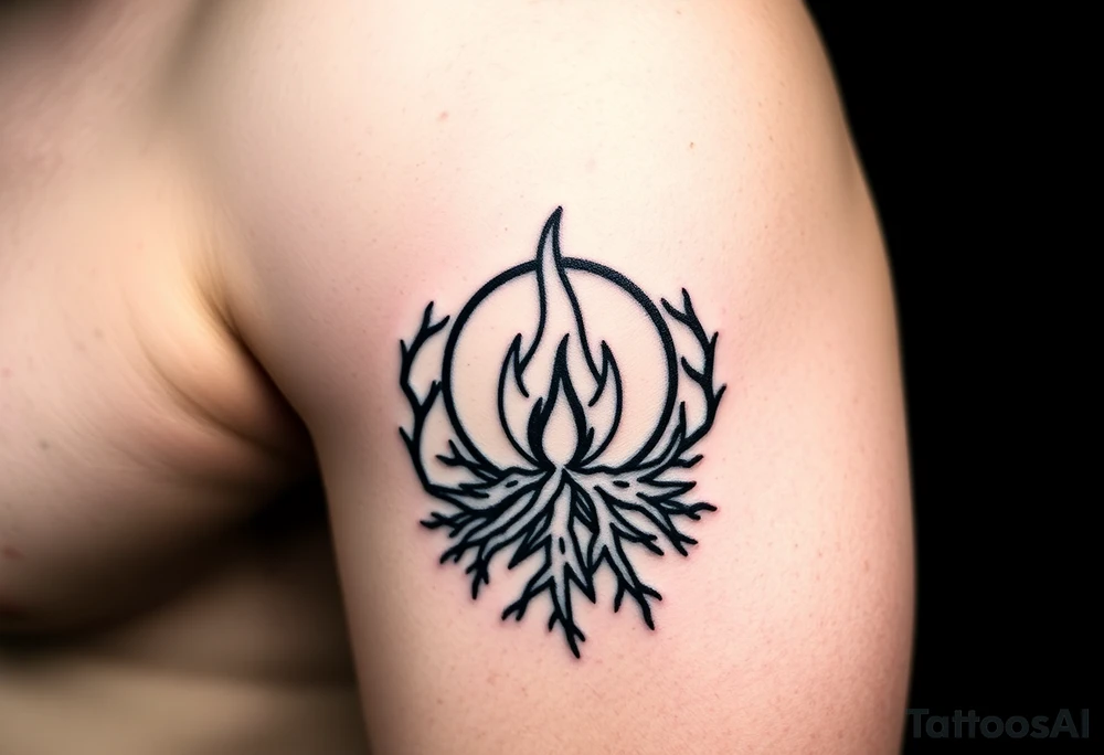 a round flame imprisoned in a roots circle tattoo idea